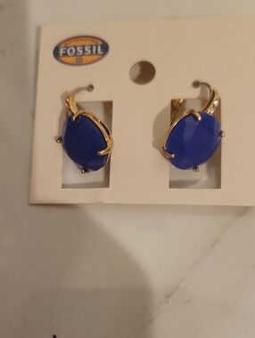 Fossil Gold-Tone Earrings with Cobalt Blue Faceted Stones